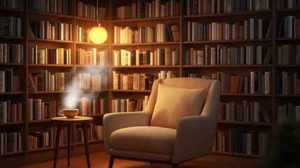 A quaint reading nook featuring a comfortable armchair, a small side table with a steaming cup of tea, and a wall of neatly organized books, illuminated by soft pendant lights.