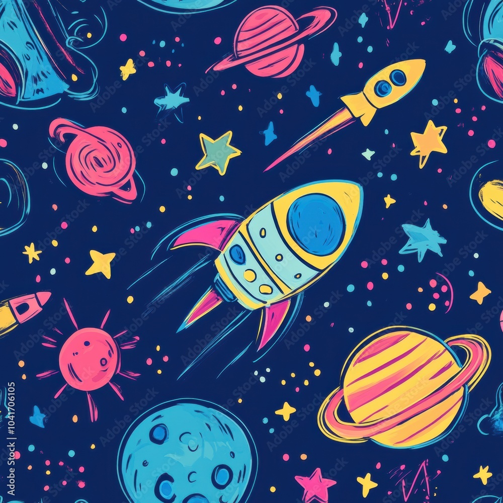 Poster exploring a whimsical universe filled with colorful doodles of planets, rockets, stars, and asteroid