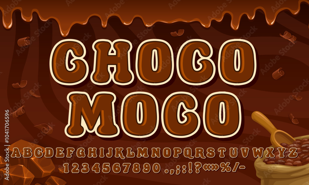 Poster chocolate font, candy sweet type, choco dessert caramel typeface with dripping melted chocolate bord