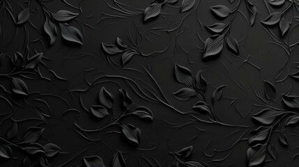 Textured black surface with embossed leaves design for backgrounds and creative projects