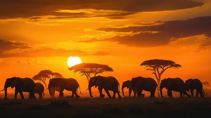 Obraz premium Elephant herd silhouetted against a brilliant sunset sky, crossing the open savanna with acacia trees scattered in the background