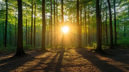 Obraz premium Serene Forest with Sunlight Shining Through Trees