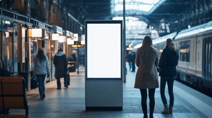 Obraz premium Mockup. Lightbox vertical billboard with blank digital screen on a train station. white blank poster advertisement Public information boards stand at stations in front of people and trains.