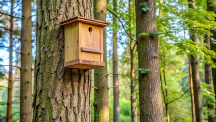 Bat box hanging in tree in forest nature reserve