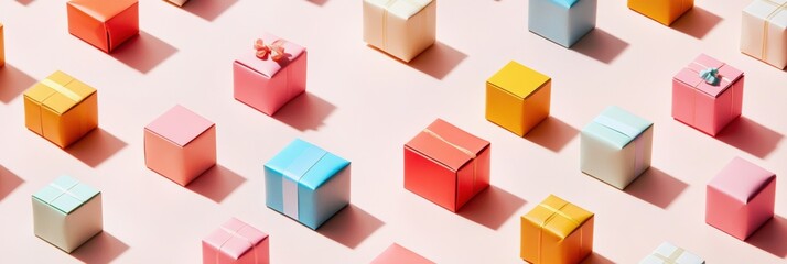 Obraz premium Small and colorful gift boxes of various sizes are neatly arranged on a pink surface, creating a cheerful and festive atmosphere. Generative AI