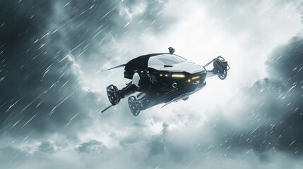 A robotic pilot navigating through a turbulent storm in a futuristic flying car, adventurous and airborne setting with storm clouds and advanced aerial navigation systems