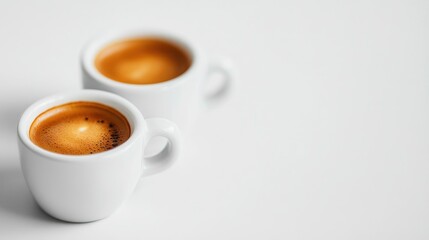 Fototapeta premium Freshly pulled espresso shots in white cups, rich crema and aromatic steam rising gracefully, set against a minimalist white background.