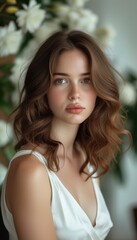 Portrait of a beautiful woman with wavy hair, dressed in white, posing with a floral background