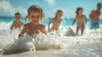 A family enjoying a fun day at the beach, splashing in the waves and building sandcastles.