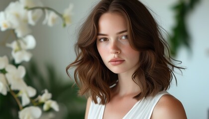 Naklejka premium Portrait of a beautiful woman with wavy hair, dressed in white, posing with a floral background