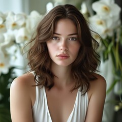 Fototapeta premium Portrait of a beautiful woman with wavy hair, dressed in white, posing with a floral background
