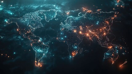 World map with luminous trading data, global network, international business