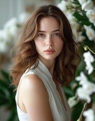 Fototapeta premium Portrait of a beautiful woman with wavy hair, dressed in white, posing with a floral background