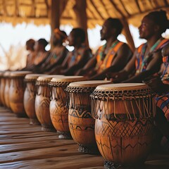 African drum circle with traditional musical instruments and dancers