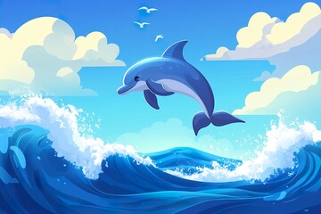 Playful Dolphin Doing Flips in the Air Over Waves Cartoon Style