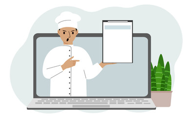 Male cook in a cap. Video, online ordering, menu.