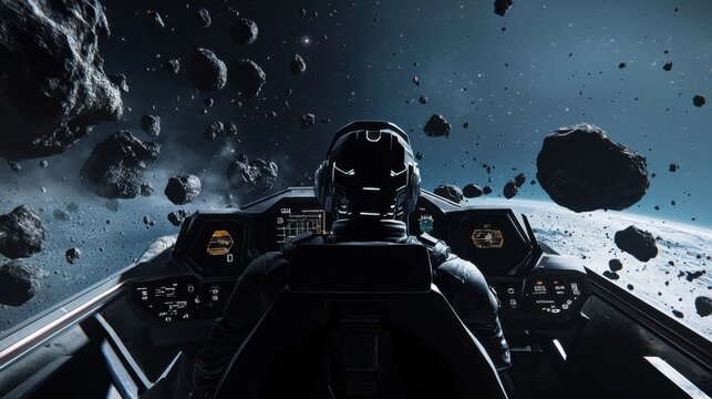A robotic pilot navigating through asteroid fields in a deep space exploration mission, cosmic and exploratory setting with asteroid belts and spaceship controls, Deep Space Pilot Robotics style
