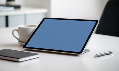 Fototapeta premium modern computer tablet lying flat on a minimalist white desk reflecting ambient light from a nearby window