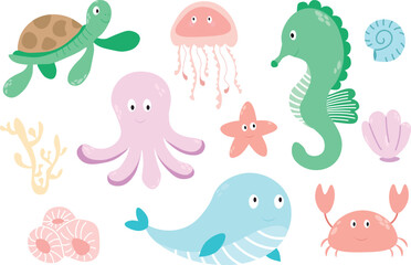 Sea animals. Set with hand drawn sea life elements.  Vector doodle cartoon set of sea life objects for your design.