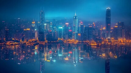 Night view of Hong Kongâ€™s skyline with glowing skyscrapers reflecting off Victoria Harbour. 
