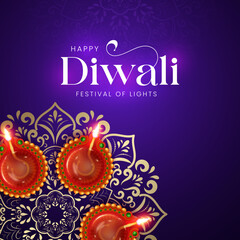 Happy Diwali Celebration Background. Diwali Festival Of Lights Banner with Diya Vector Illustration. Happy Diwali Social Media Post Template.
