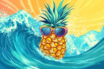 Playful Pineapple Surfing on a Wave - Cartoon Illustration
