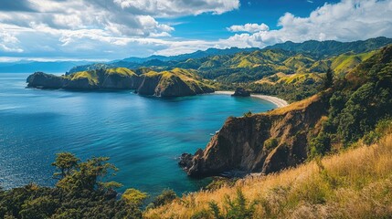 Obraz premium A breathtaking view of a coastline along a mountainous landscape, where hills meet the sea in a stunning natural setting. High quality illustration