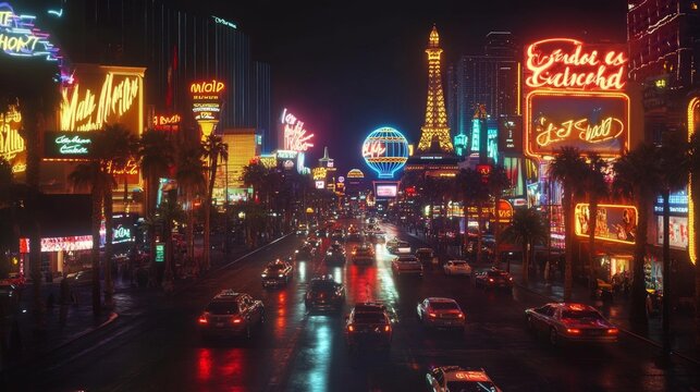 Night view of the Las Vegas Strip, with bright neon signs and busy streets. 