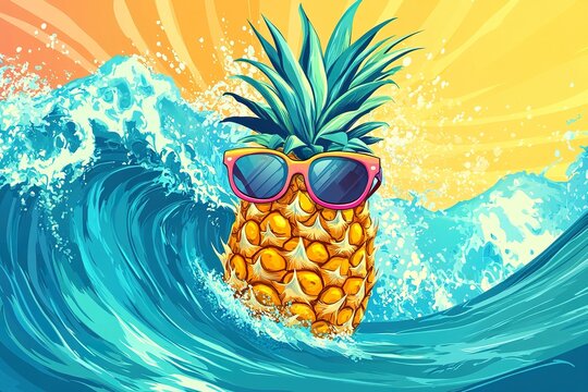 Playful Pineapple Surfing on a Wave - Cartoon Illustration