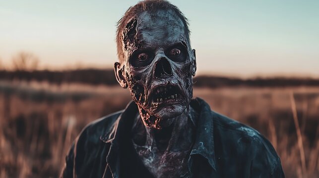 Realistic zombie with decayed face staring into the distance in a post-apocalyptic setting