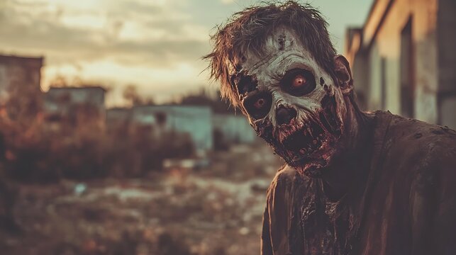 Realistic zombie with decayed face staring into the distance in a post-apocalyptic setting