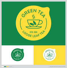 Green Tea Loose Leaf Tea icon and sticker-label. Cup with green leaves and etters in circle frame.
