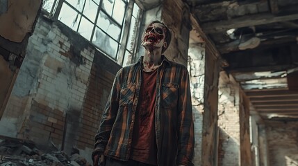 Naklejka premium Realistic zombie with sunken eyes and decomposing body standing in a ruined building