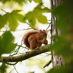 Obraz premium Red squirrel on a tree branch in forest.
