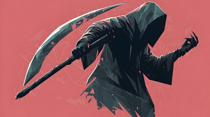 Monochromatic Geometric Depiction of Hooded Reaper Wielding Scythe in Flat Design