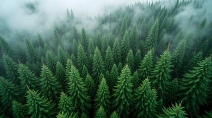Obraz premium Enchanted Evergreen:Misty Forest, Aerial View