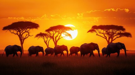 Obraz premium Herd of elephants silhouetted against a blazing sunset, walking across the African savanna with acacia trees framing the scene
