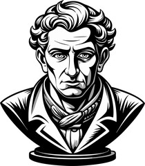 Classic gentleman bust avatar in engraving style. Black and white man drawing, in vintage style