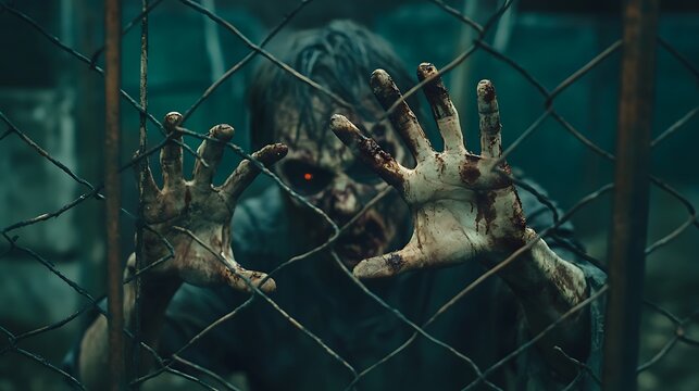 Zombie with torn clothing and decayed hands reaching out from behind a broken fence