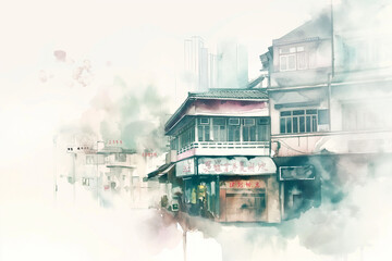 Watercolor Painting of Traditional Hong Kong Street Architecture