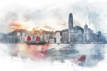 Watercolor Skyline of Hong Kong With Traditional Red-Sailed Junk