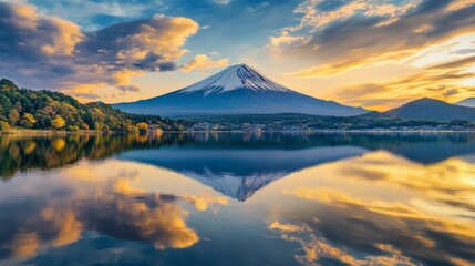 Wide shot of Mount Fuji reflected in Lake Kawaguchi during golden hour.