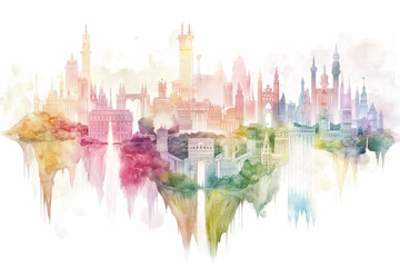 Fototapeta premium Enchanting Watercolor Illustration of Floating Fantasy City Landscape