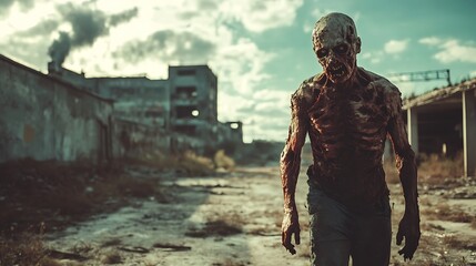Realistic zombie with rotting flesh walking through a desolate industrial area