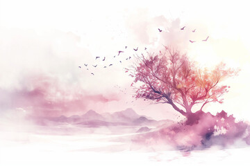 Fantasy Landscape With Dreamlike Tree and Birds at Sunrise