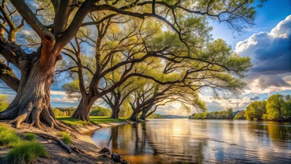 Obraz premium Majestic Gnarled Trees Stand Guard Along Tranquil Riverbank in a Serene Natural Landscape Setting