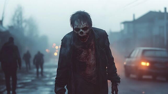 Realistic zombie with rotting flesh and torn clothes walking down a foggy street at dawn