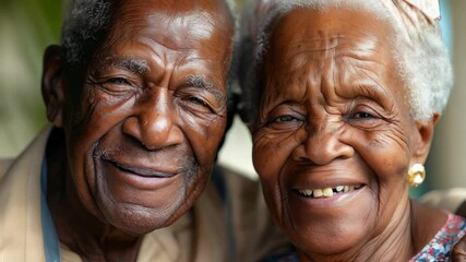 A heartwarming portrait of an elderly couple radiates joy and companionship. Their affectionate smiles and close proximity reflect enduring love and happiness in later years.