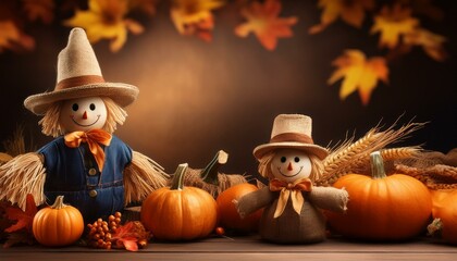 Autumn Still Life Cute Scarecrows and Pumpkins