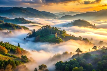 Misty Fog Tendrils Drift Through a Serene Valley at Dawn, Creating a Dreamy Ethereal Landscape